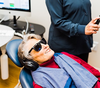 Patient relaxing during a restorative dental appointment at Casco Bay Smiles