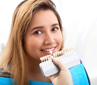 Dentist checking veneer shade and color match for a patient